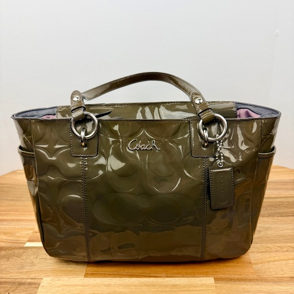 Coach Handbags - Coach Signature Embossed Patent Leather Tote Bag Olive Green Silver Hardware